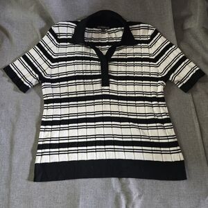 Adrianna Papell Black and White Striped Polo Shirt Womens Large